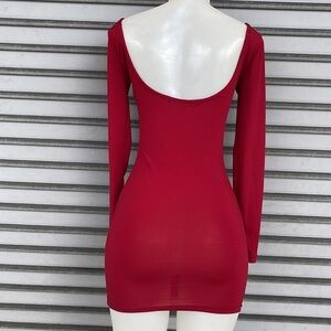 HAODUOYI Red Scoop Neck Long Sleeve Open Back Bodycon Mini Dress Size XS